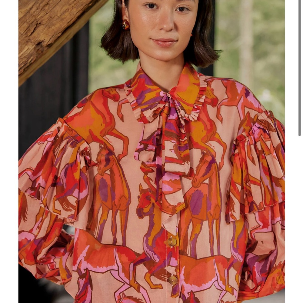 Farm Rio Wild Horses Rose Bow Neck Tie Blouse